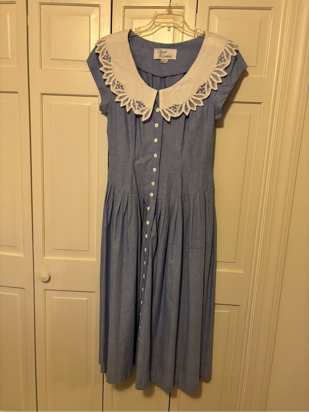 Sarah Elizabeth Blue Button-Front Dress with White Lace Collar Size 14 EUC
